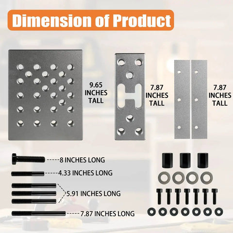 Dimensions of Universal 30 Ton Bearing and Bushing Press Fixture Kit components: high strength aluminum plate and parts for hydraulic shop press.