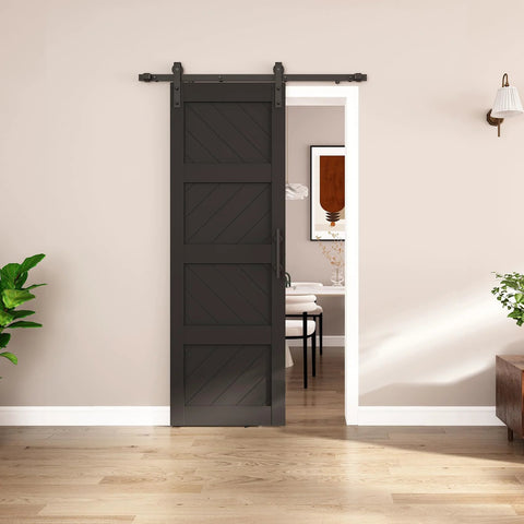 Slim 28 By 84 Inch Wave Shape Black Sliding Barn Door With Hardware Kit, Four Panel, Waterproof, Pre Drilled Holes Installed in Living Room
