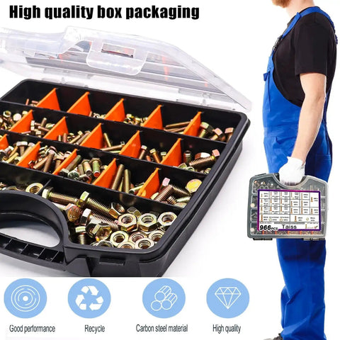 Mega Heavy Duty Metric Bolt And Nut Kit 966 Piece Grade 8 8 With Portable Storage Box Includes M4 To M8 Hex Bolts Nuts And Washers