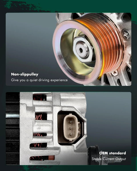 Close-up of High Output 150 Amp Alternator Replacement for Infiniti G37 with 7-groove pulley and OEM standard socket.