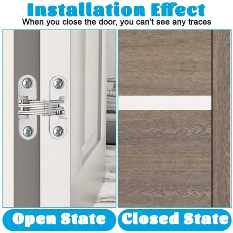 Twelve Pack Hidden Hinges For Cabinet Doors Stainless Steel Durable Hidden Hinges installed on white and wooden door.