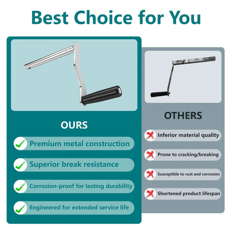 Comparison of heavy duty iron crank handle replacement with rotating plastic grip for pop up campers highlighting quality and durability.