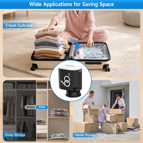Amazon cordless electric pump for vacuum storage bags; 60 kPa travel setup with suitcase.

Close-up of the 60 kPa cordless pump; compact, rechargeable 3600mAh battery.

Home storage before/after with vacuum-sealed wardrobe items.

House moving scene with family and boxes; space-saving vacuum pump for packing.