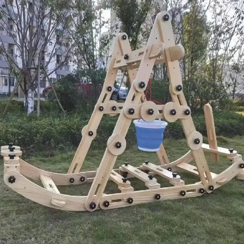 Wooden outdoor seesaw play structure with adjustable beams and fasteners