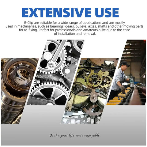 Collage of gears and machinery with a worker operating equipment, showcasing uses for 304 Stainless Steel E Clips Retaining Rings Set, 14 Sizes From 1.5mm to 15mm, Heat Treated External Retaining Clips, Circlips and Retainers, Includes Tweezers, 211 Pieces for Gears, Housings, and Gearhead Projects.