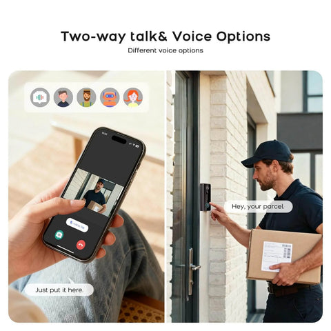 Person using 2K Wireless Video Doorbell Camera With Live View, Color Night Vision, showing two-way talk feature with visitor.