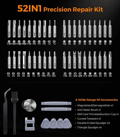 52in1 Mini Precision Screwdriver Set With S2 Military Grade Alloy Bits and accessories displayed.