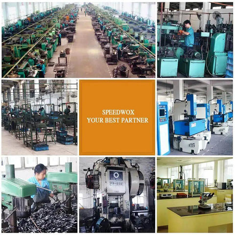 Collage of industrial manufacturing facilities and machinery with employees, labeled 'SPEEDWOX Your Best Partner.'