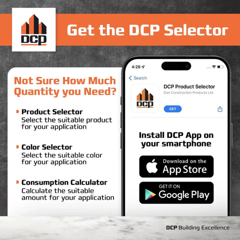 DCP Selector app installation guide with features for product, color, and consumption selection, available on App Store and Google Play.