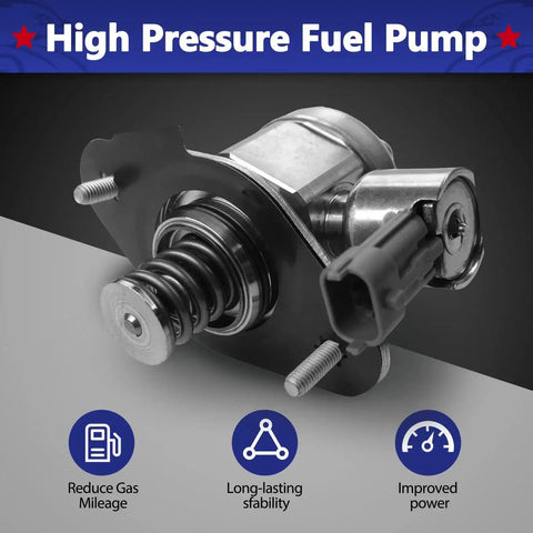 High Pressure Fuel Pump 12626234 Direct Fit Upgrade For Buick Enclave 2009-2017 Chevrolet Traverse GMC Acadia LaCrosse 2010-2011 CTS STS 3.6L V6 Replaces OE Parts 12626234 12639260 12634492 12647344 shown in a side view highlighting features like gas mileage reduction and power improvement.