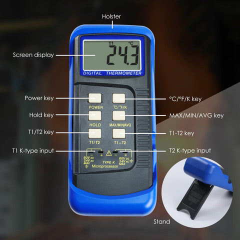 Amazon blue handheld digital K-type thermocouple thermometer with four probes, dual-channel, MAX/MIN/AVG.