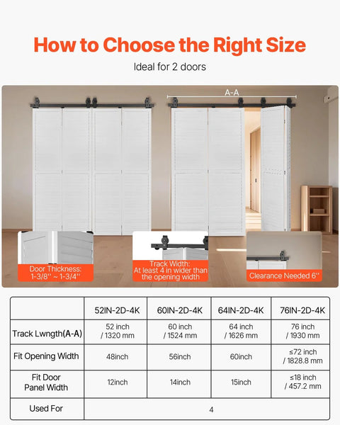 Heavy Duty Bi Folding Sliding Barn Door Hardware Track Kit Fits Four 15 Inch Closet Pantry Or Laundry Doors With Smooth Quiet Operation Easy To Install And Supports Up To 330 Lbs For Commercial And Home Use, diagram and size guide