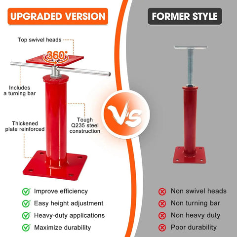 Comparison of upgraded heavy duty floor jack with swivel top and older non-swivel version for crawlspace leveling 11 to 16 inch.