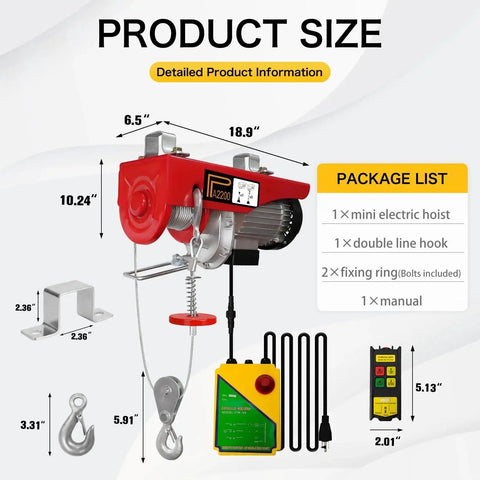 Electric Hoist 2200 Lbs Winch 110V With Wireless Remote Control Emergency Stop, includes hoist dimensions and package list.