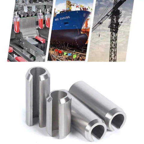 30 Pack Slotted Spring Pins Stainless Steel 6mm By 35mm For DIY Projects And Pro Grade Automotive Machinery Heavy Duty Tension Pins With Strong Shear And Vibration Resistance Reusable Corrosion Resistant Easy Install displayed in front of industrial machinery and construction imagery.