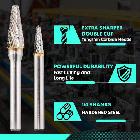 Pro Grade EastPace 10 Piece Tungsten Carbide Burr Set One Quarter Inch Shank Double Cut For Metal Grinding And Deburring Fits DeWalt And Milwaukee Die Grinders Includes Mandrel And Five Three Inch Cut Off Wheels, featuring shank size and cutting durability.