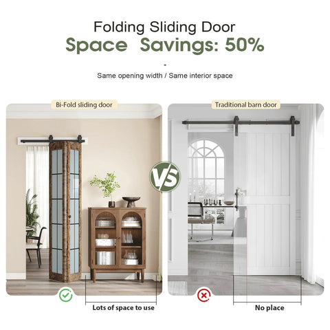 Comparison of preassembled bifold barn door set 32 by 84 inches with double 16 by 84 panels solid wood and grid glass vs traditional barn door