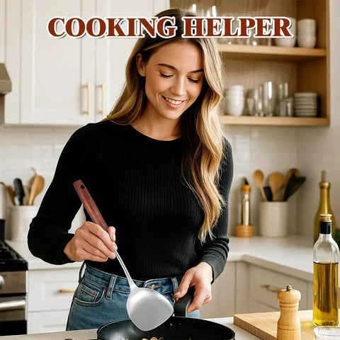 Woman using Stainless Steel Wok Spatula With Wooden Handle, 14.17 Inch Long Wok Tool in kitchen for stirring on stovetop.