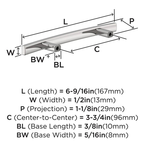 Diagram of polished chrome cabinet pull with measurements, including 6-9/16 inch length and 3-3/4 inch center-to-center size.