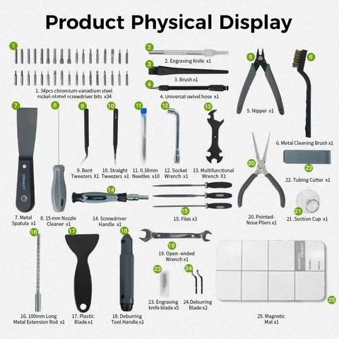 Display of contents in Ultimate 74 Piece 3D Printer Tools Kit For Assembly And Finishing Deburring Nozzle Cleaning Filament Cutting And Model Processing Creality Compatible For All FDM Printers.