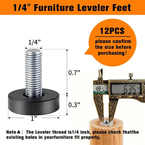 12 Pack 1/4 Inch Threaded Leveling Feet Set For Furniture Durable Screw In Floor Protectors And Table Levelers size illustration