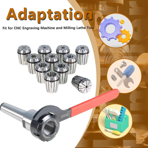 ER32 MT3 Spring Collet Chuck Holder Set With Eleven Collets From One Eighth To Three Quarters Inch And Wrench for CNC Milling