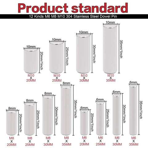 Stainless Steel Pro Grade Dowel Pin Set 120 Pcs With 12 Sizes M6 M8 M10 And 20 25 30 35mm Lengths arrangement