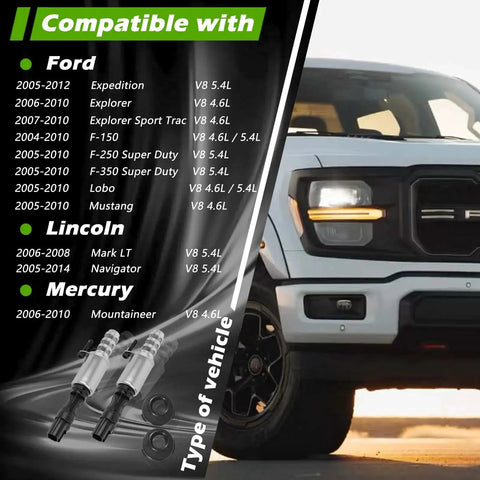 Ford VVT Camshaft Solenoid Kit For 4.6L And 5.4L V8 Engines With Variable Valve Timing Control shown with vehicle compatibility chart