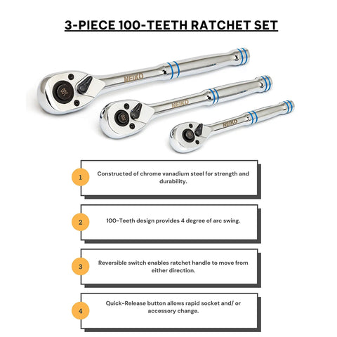 Quick Release Ratchet Wrench Set With One Quarter Inch Drive, Three Eighths Inch Drive, And One Half Inch Drive, 100 Tooth Mechanism