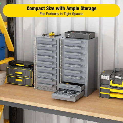 Gray Metal Tool Storage Cabinet With 9 Drawers With Dividers, All Welded Steel Construction For Rugged Durability, in a workshop.