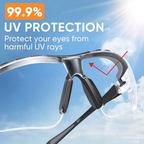 Close-up of Anti-Fog Safety Glasses With UV Protection And Adjustable Arms ANSI Z87.1 demonstrating 99.9% UV shielding.
