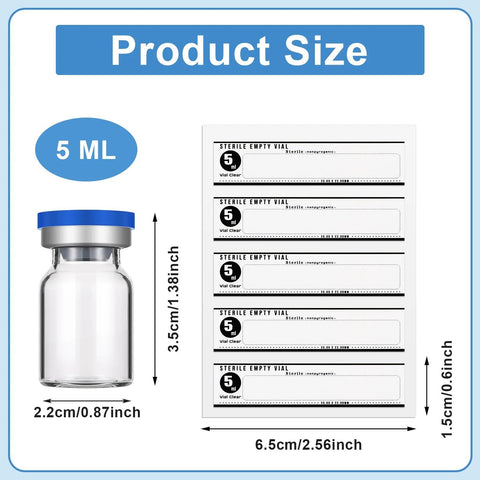 Sterile 5 ml glass vials, 20-pack with blue caps and 20 blue label stickers