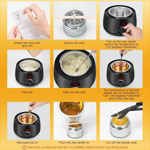 Step-by-step guide for Complete DIY Candle Making Kit With Digital Soy Wax Melt Warmer, featuring temperature settings and pouring wax.