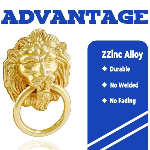 Close-up of a Lion Head Cabinet Pull Handle in gold finish showcasing durability, part of a 12 pack for drawers and cabinets with ring pulls.