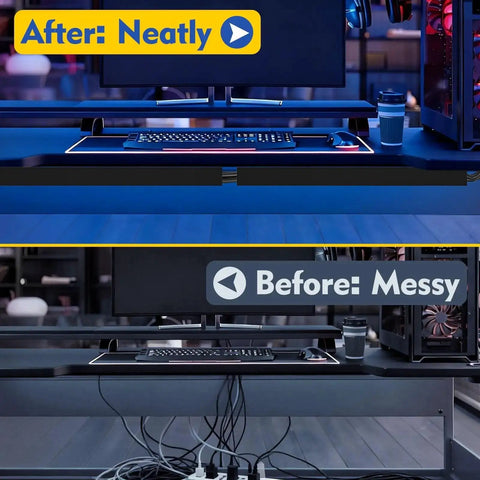 Before and after using Under Desk Cable Management Raceways Kit, showcasing messy wires turned neat, black, 30.8-inch total length