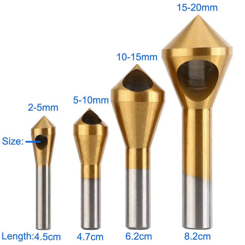 Titanium Coated Countersink Chamfer Tool Set For Metal Wood Plastic Deburring Drill Bits 4 Pcs HSS 4241, sizes labeled