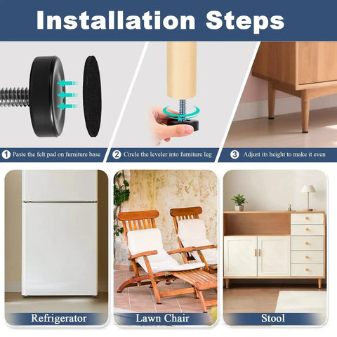 Installation steps for Quarter Inch Thread Leveling Feet 12 Pack Adjustable Furniture Levelers with images of refrigerator, chair, and stool.