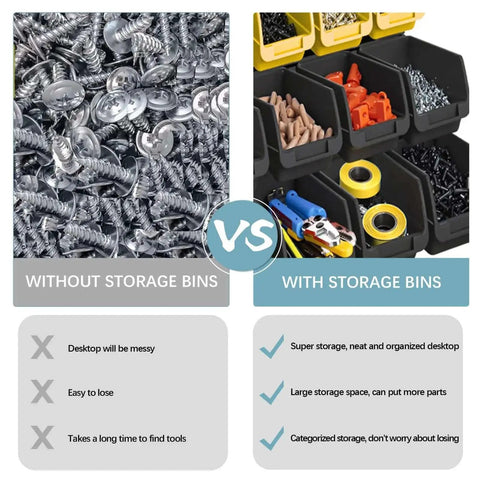 Comparison of workspace with loose screws versus organized Wall Mounted Garage Storage Bin Kit 94 Piece Organization System for parts.