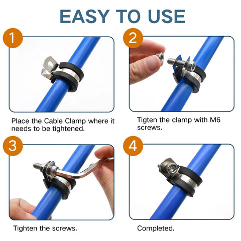 ZIPCCI 1/2 inch stainless steel cable clamp on blue tube with rubber strap; four-step installation with M6 screws.