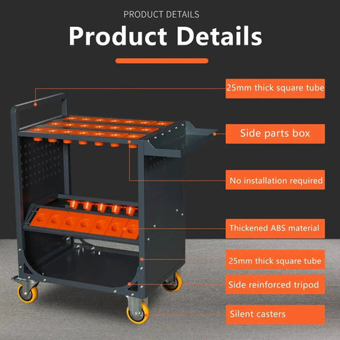 Gray CNC Tool Storage Cart With CAT50 CAT40 Compatibility, heavy-duty steel frame, ABS components, wheeled design for machining centers.