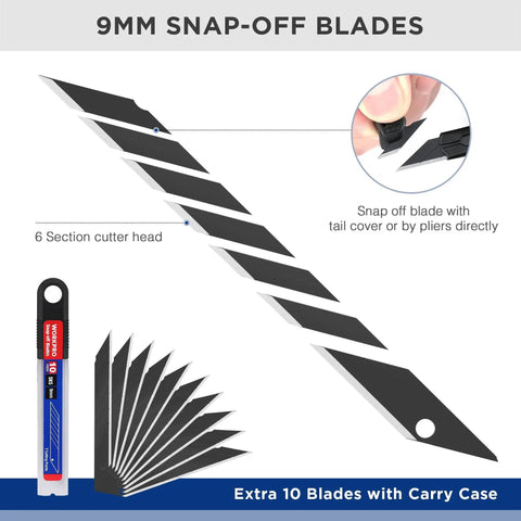 Retractable Utility Knife With 10 Extra 9mm Blades And Aluminum Cutter Pack 5 shown with additional blades and snap-off feature.