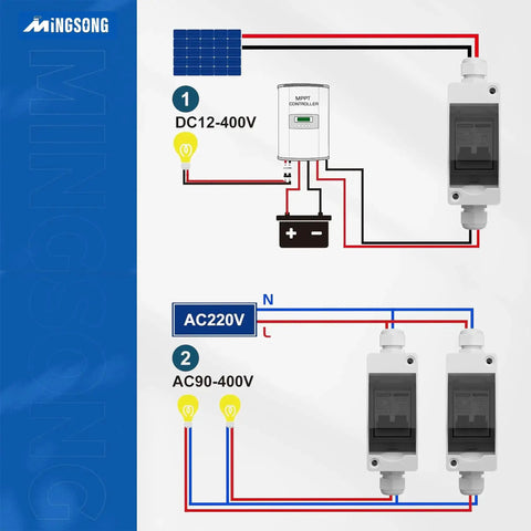 Diagram illustrating setup with 63 Amp Solar Panel Disconnect Switch for DC 12 to 400V and AC 90 to 400V in PV home systems.