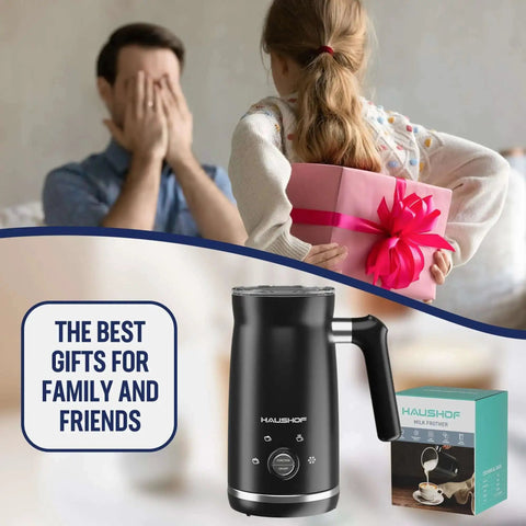 4 In 1 Electric Milk Frother And Steamer With Large Capacity For Hot Or Cold Foam, gift idea for family with a person holding a present