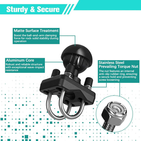 Double U Bolt 1.5 Inch Mount Base with aluminum core and stainless steel torque nut, ideal for anti-loosening and vibration resistance.