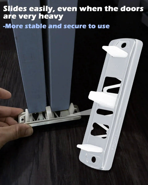 Sliding Closet Door Floor Guide Kit 8 Pack With Stamped Steel Base And Adjustable White Nylon Tips Fits Doors 3/4 To 1-3/8 Inch Durable Construction Easy Install Compatible With Prime-Line N 6560 White shown installed under doors