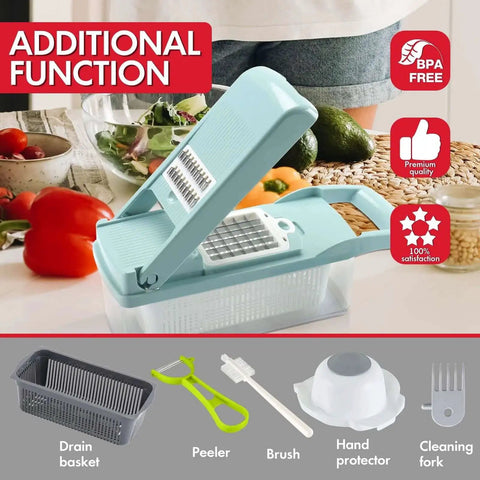 12 in 1 Vegetable Chopper And Slicer For Kitchen Prep Like A Pro, Multipurpose Food Chopper With 8 Sharp Blades in blue on counter