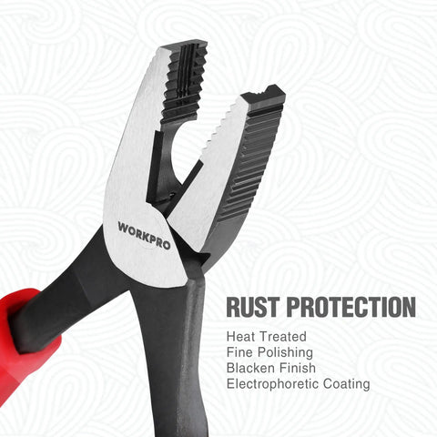 8 Inch Screw Extractor Pliers For Damaged Rusted Stripped Screws And Fasteners With Non Slip Jaws Lineman Style Remover Tool For Quick Extraction In Home Shop And Garage By WORKPRO, close-up of jaws