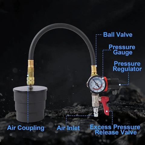 Turbo Boost Leak Tester Kit For Turbo System With Pressure Gauge 10 Piece Leak Down Tester Set Includes Four Pairs Of Stepped Adapters From 1.38 To 3.54 Inches For Easy Troubleshooting Of Turbo Leaks And Cooling System Piping Angchun, showing components labeled with air coupling, pressure gauge, and valves.