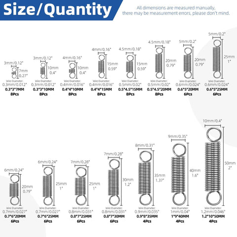 Glarks 96pc stainless steel extension springs with double hooks, 15 sizes, assorted tension springs for machinery