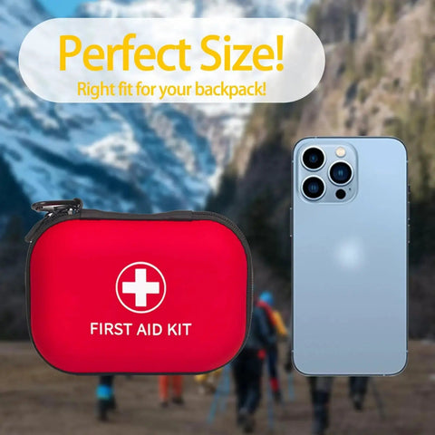 On The Go 138 Piece Mini First Aid Kit Prelady Travel Size shown with smartphone in mountain hiking background
